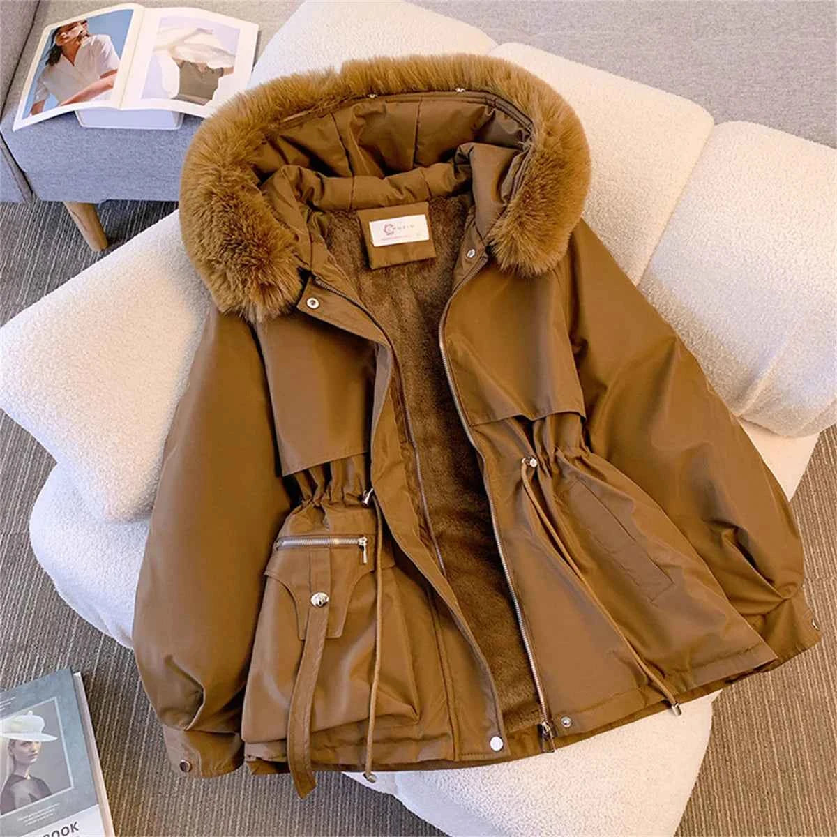 Women’s Korean Hooded Drawstring Padded Jacket – Casual Zip-Up Parka
