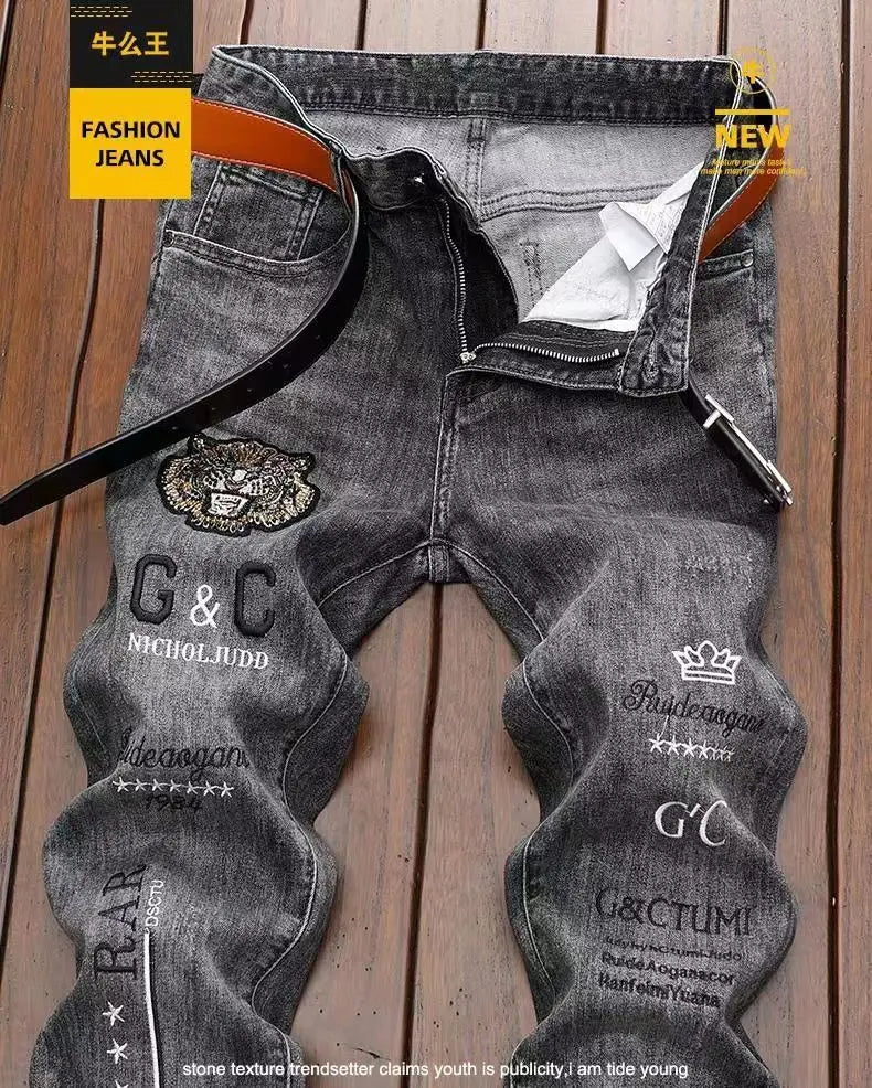 High-End Men’s Embroidered Skinny Jeans