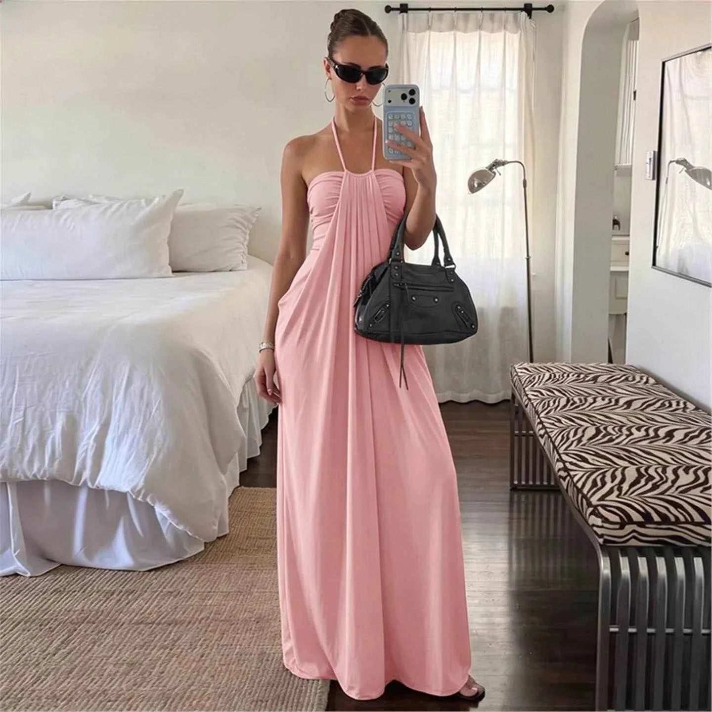 Azure Sunset Maxi Dress | Backless Halter Draped Summer Vacation Dress for Women