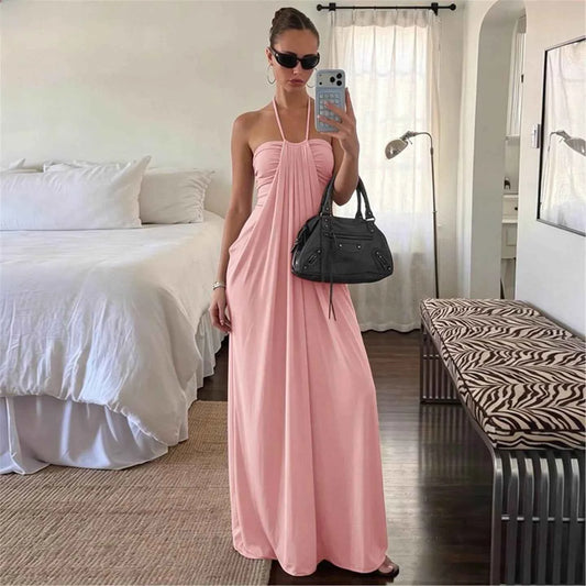 Azure Sunset Maxi Dress | Backless Halter Draped Summer Vacation Dress for Women