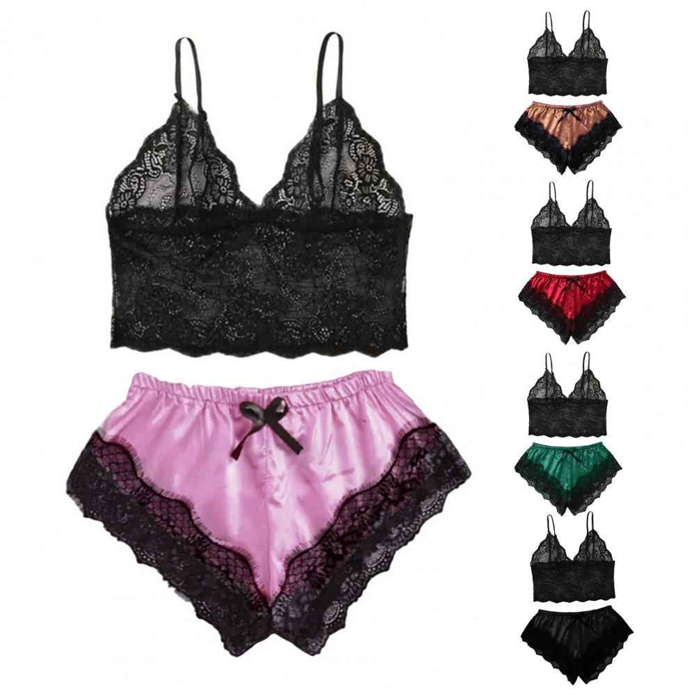 Lace Trim Satin Sleepwear Set (Women’s Camisole & Shorts Pajama Set)