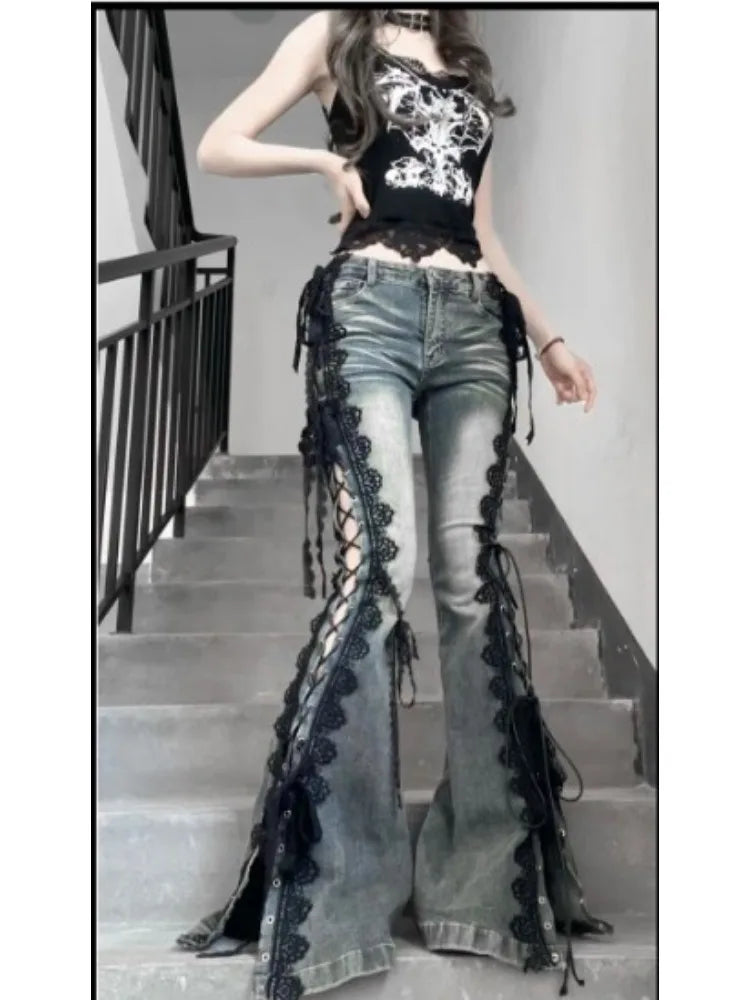 Vaqueros acampanados con cordones Y2K para mujer | Estilo urbano retro de tiro alto y pierna ancha