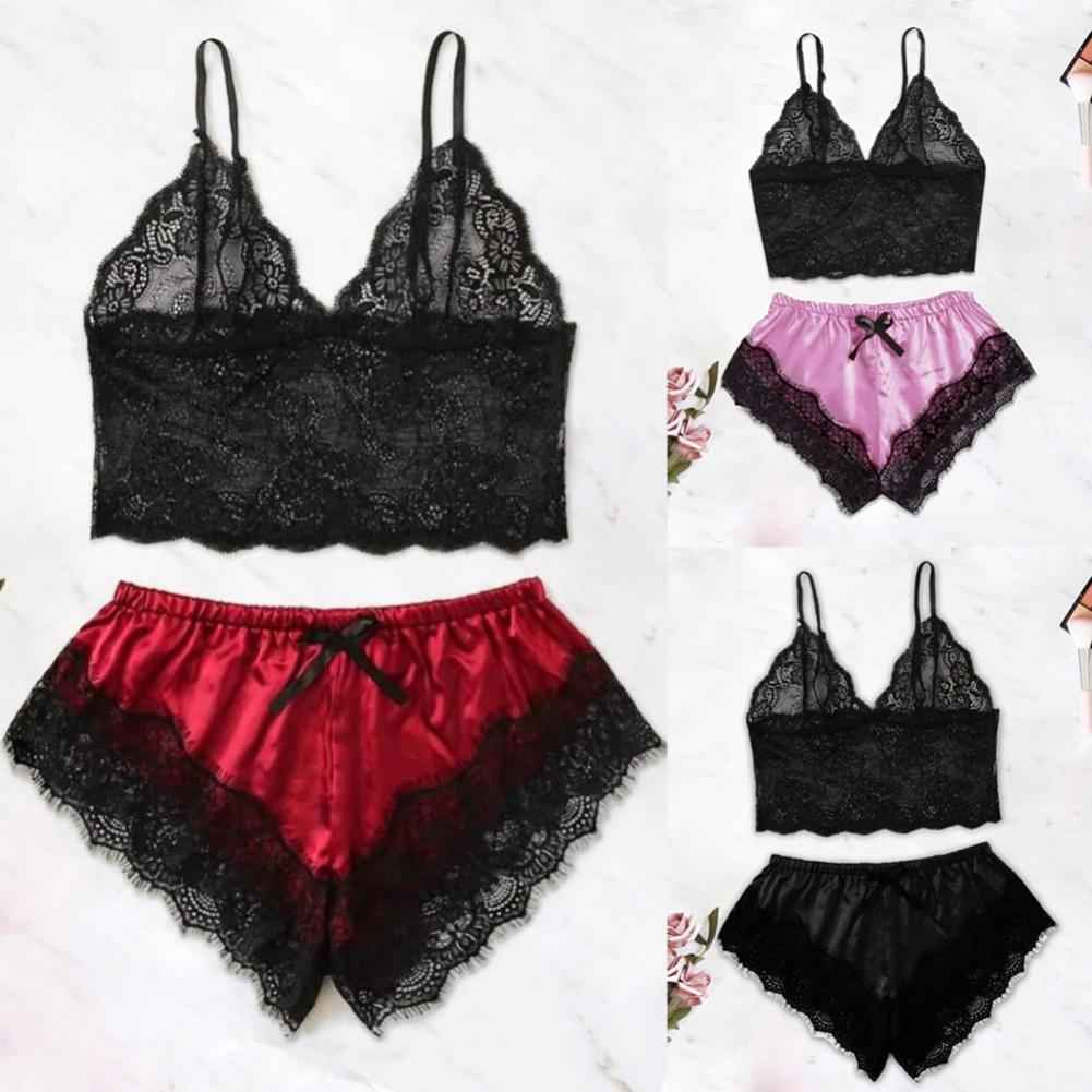 Lace Trim Satin Sleepwear Set (Women’s Camisole & Shorts Pajama Set)
