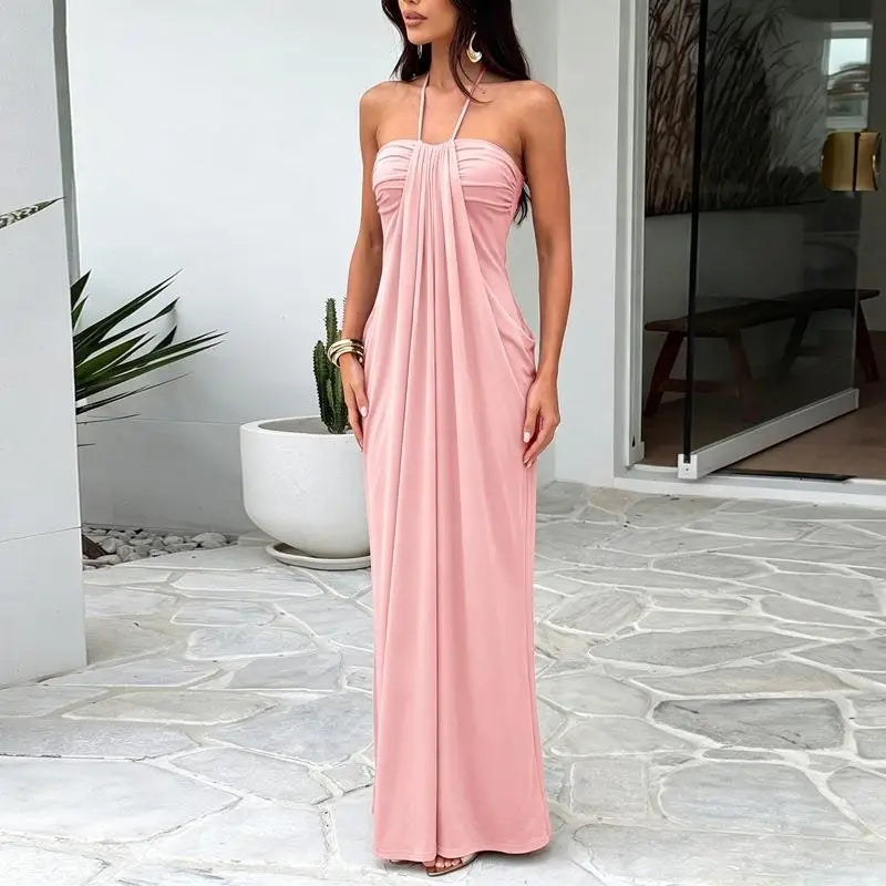 Azure Sunset Maxi Dress | Backless Halter Draped Summer Vacation Dress for Women