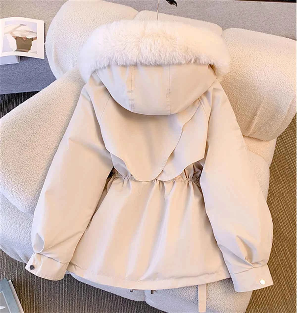 Women’s Korean Hooded Drawstring Padded Jacket – Casual Zip-Up Parka