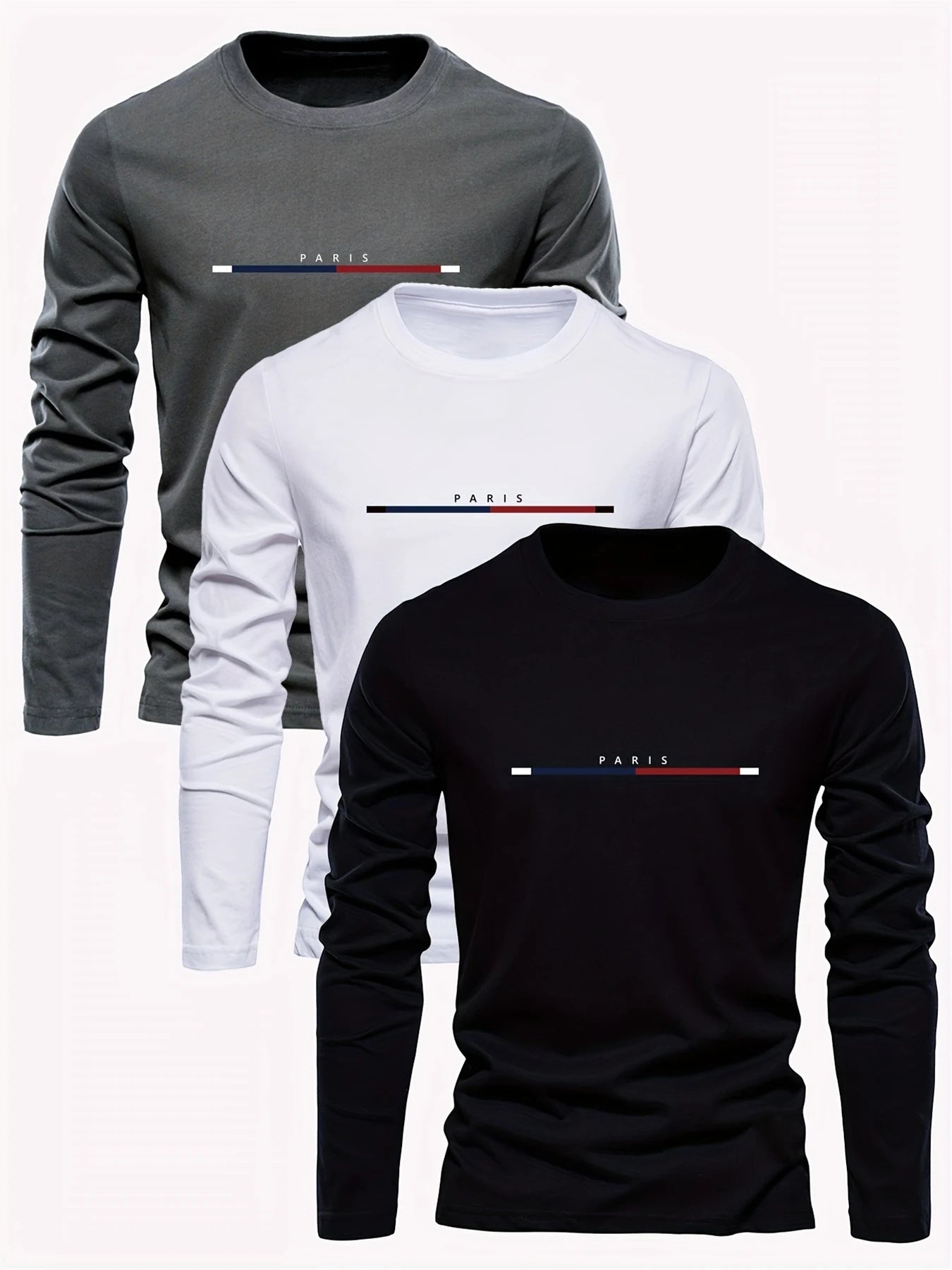 Camiseta de manga larga estampada con letras de París para hombre - 100% algodón, informal y cómoda