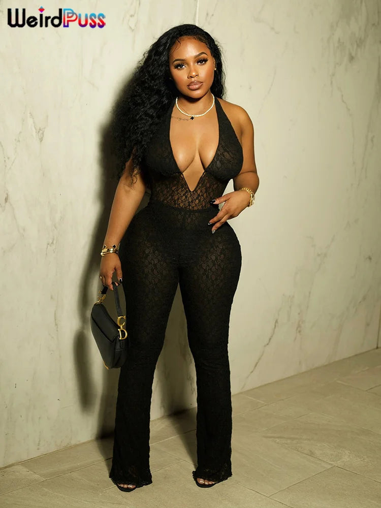 Weird Puss Sexy Mesh Halter Jumpsuit – Backless Clubwear