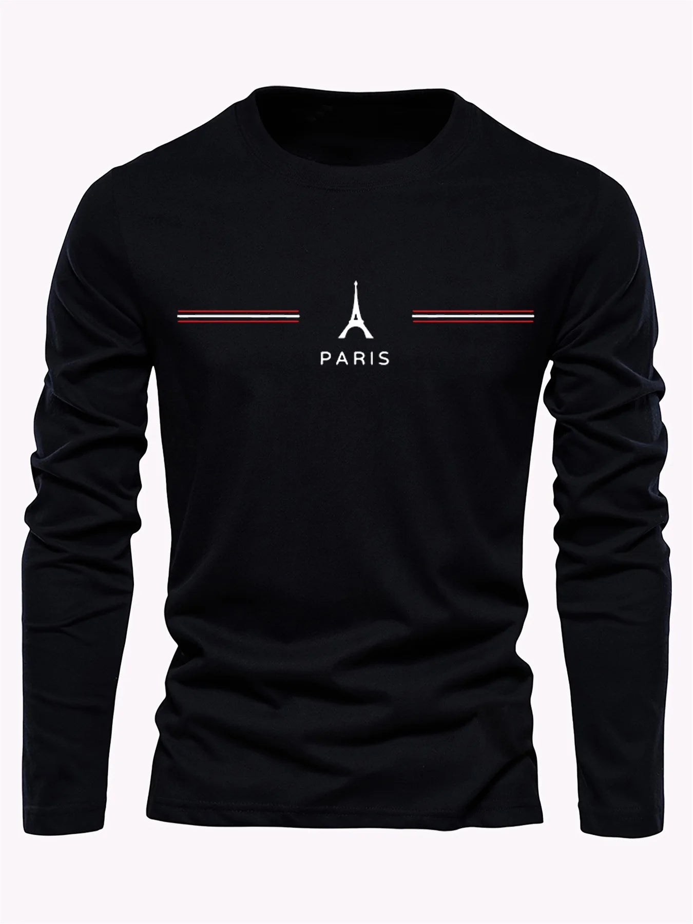 Camiseta de manga larga estampada con letras de París para hombre - 100% algodón, informal y cómoda