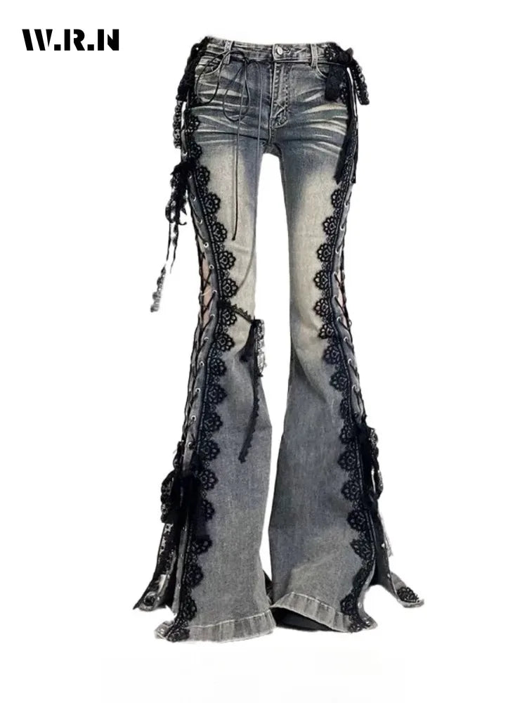 Vaqueros acampanados con cordones Y2K para mujer | Estilo urbano retro de tiro alto y pierna ancha