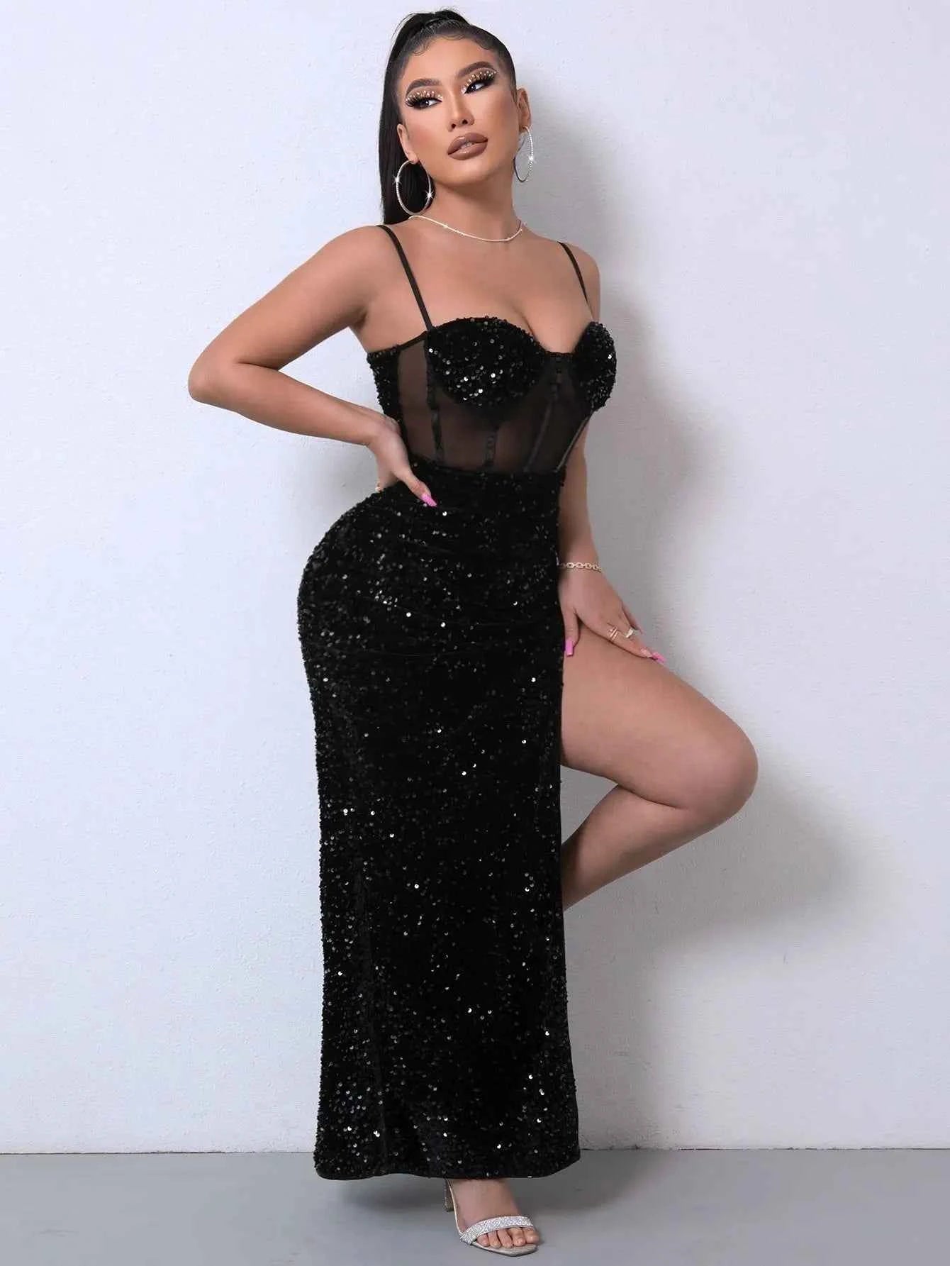 Sexy see through sequin summer dress women luxury mesh maxi birthday party dress elegant prom long evening dresses vestidos