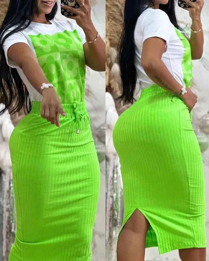 Printed Top & Midi Skirt Set (Women’s Casual Elegant 2-Piece Outfit)