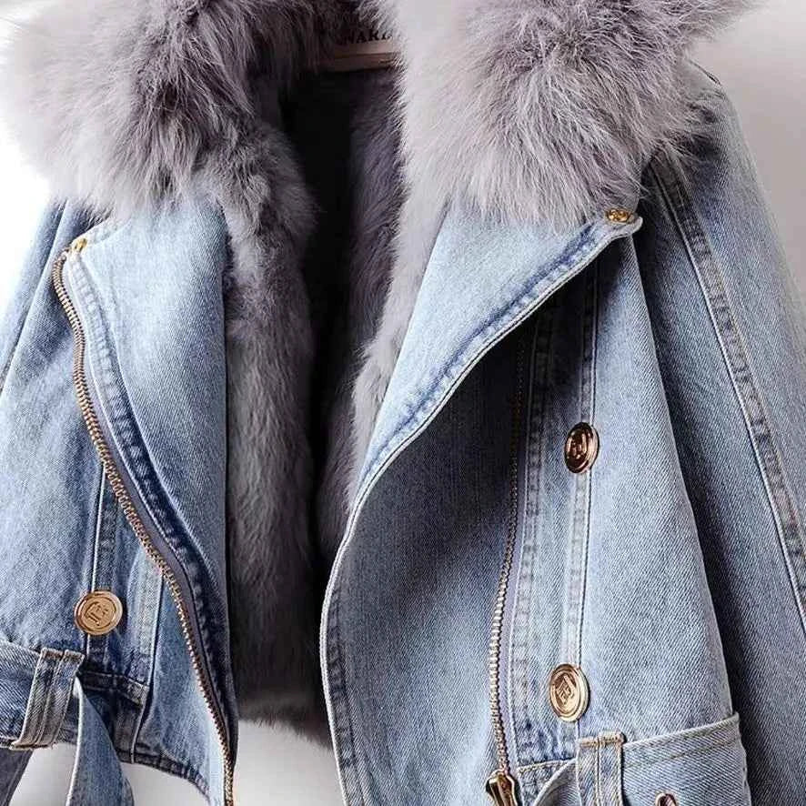 Women’s Faux Fox Fur Collar Jean Coat – Warm Rabbit Hair Lined Winter Jacket