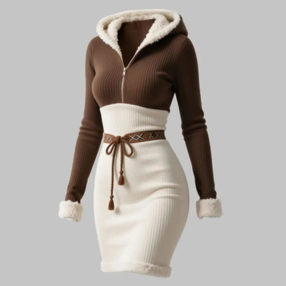 Vestido con cremallera Retro TrendPop. Vestido de mujer retro a rayas verticales con bloques de color y corte ajustado – Vestido informal con capucha y cremallera hasta la rodilla