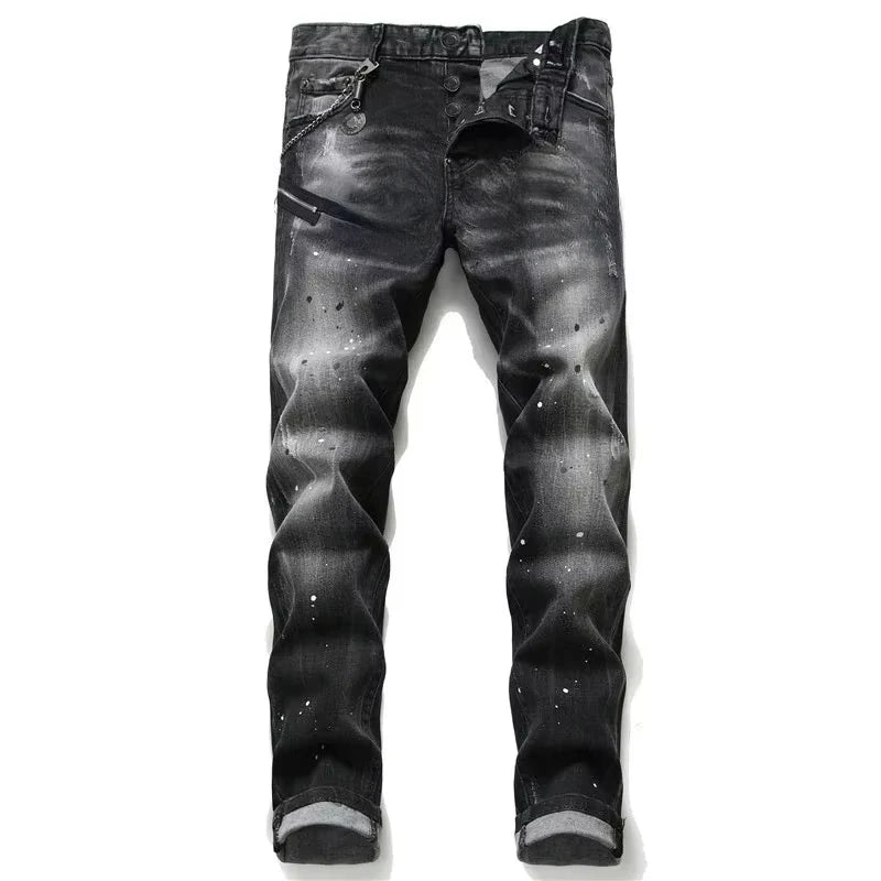 Pantalones vaqueros rotos negros para hombre, estilo italiano de calle, agujeros, pantalones de mezclilla de alta calidad para hombre, corte ajustado, talla 38