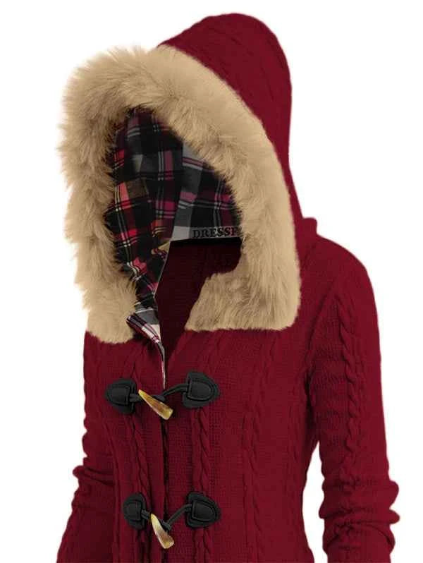 Dressfo Women’s Hooded Cable Knit Coat – Winter Plaid & Faux Fur Panel