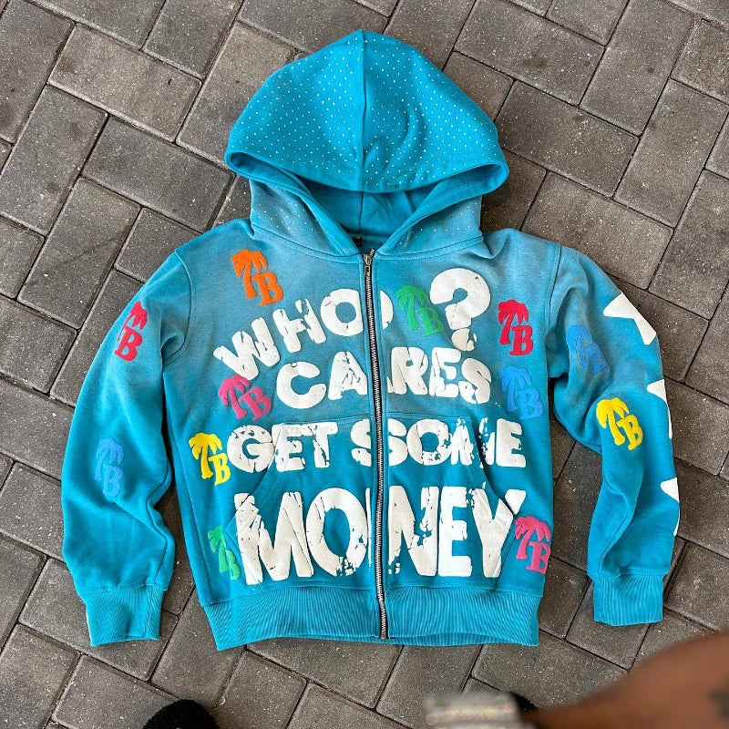 Sudadera con capucha y cremallera con diseño de letras | Chaqueta casual oversize retro unisex