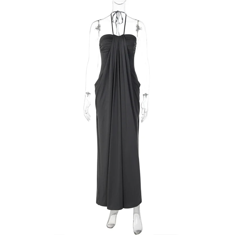 Azure Sunset Maxi Dress | Backless Halter Draped Summer Vacation Dress for Women