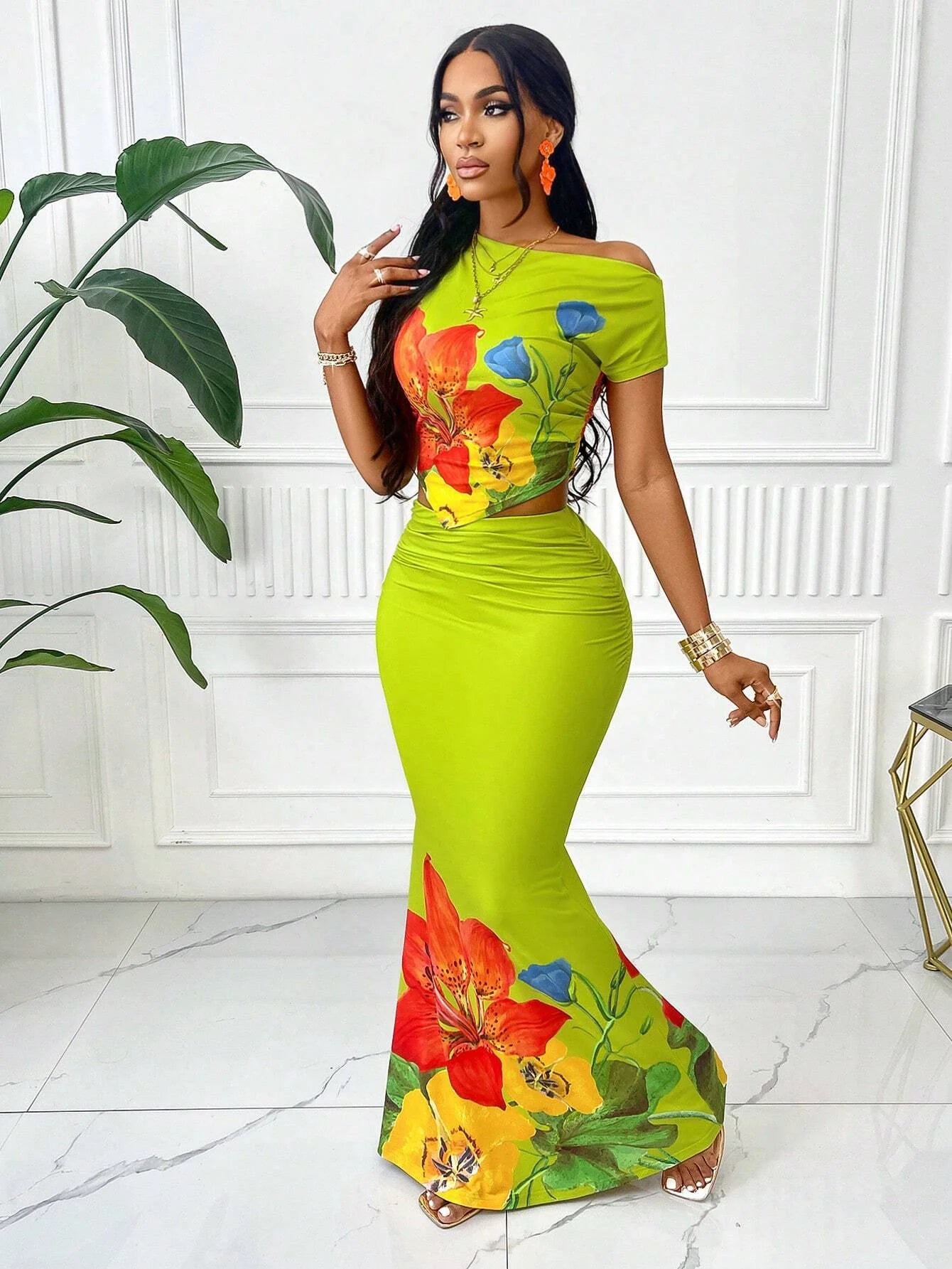 Elegante conjunto de falda de dos piezas con estampado floral – Top bodycon sin mangas y falda maxi extralarga de estilo resort
