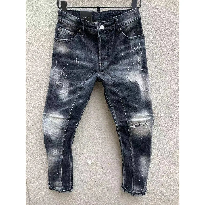 Pantalones vaqueros rotos negros para hombre, estilo italiano de calle, agujeros, pantalones de mezclilla de alta calidad para hombre, corte ajustado, talla 38