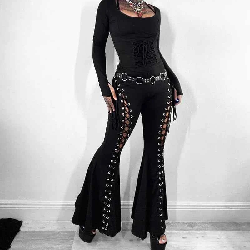Cut-Out Lace-Up Flare Pants (Women’s Gothic Streetwear Leggings)
