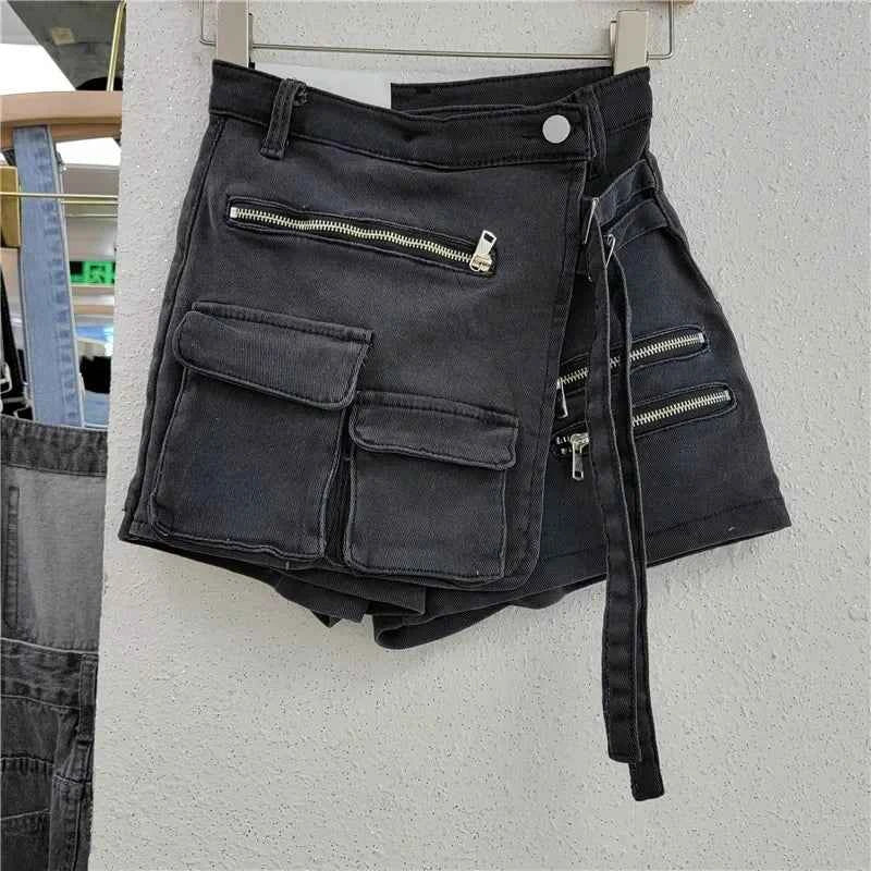 High-Waist Asymmetrical Denim Skort (Women’s Y2K Cargo Shorts Skirt)