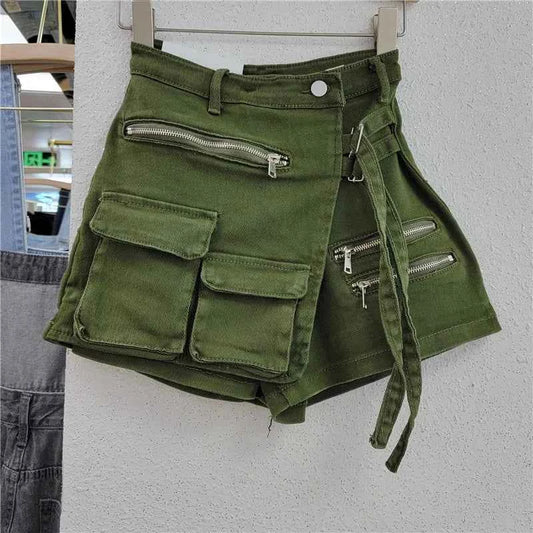 High-Waist Asymmetrical Denim Skort (Women’s Y2K Cargo Shorts Skirt)