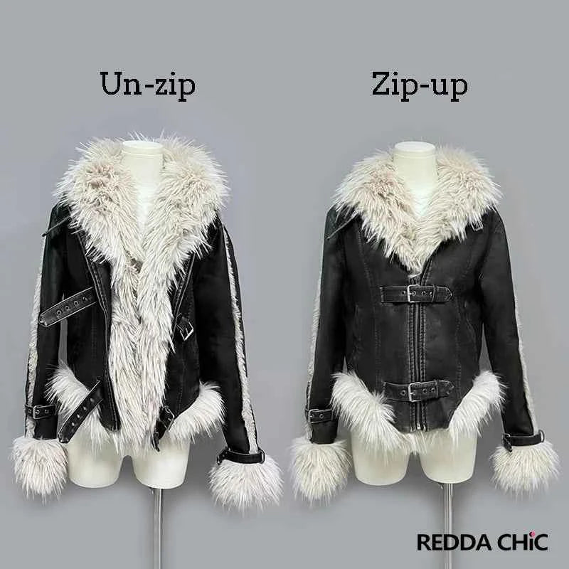 REDDA CHiC Faux Fur Collar Belted Leather Bomber Jacket – Women’s Biker Moto Streetwear Coat