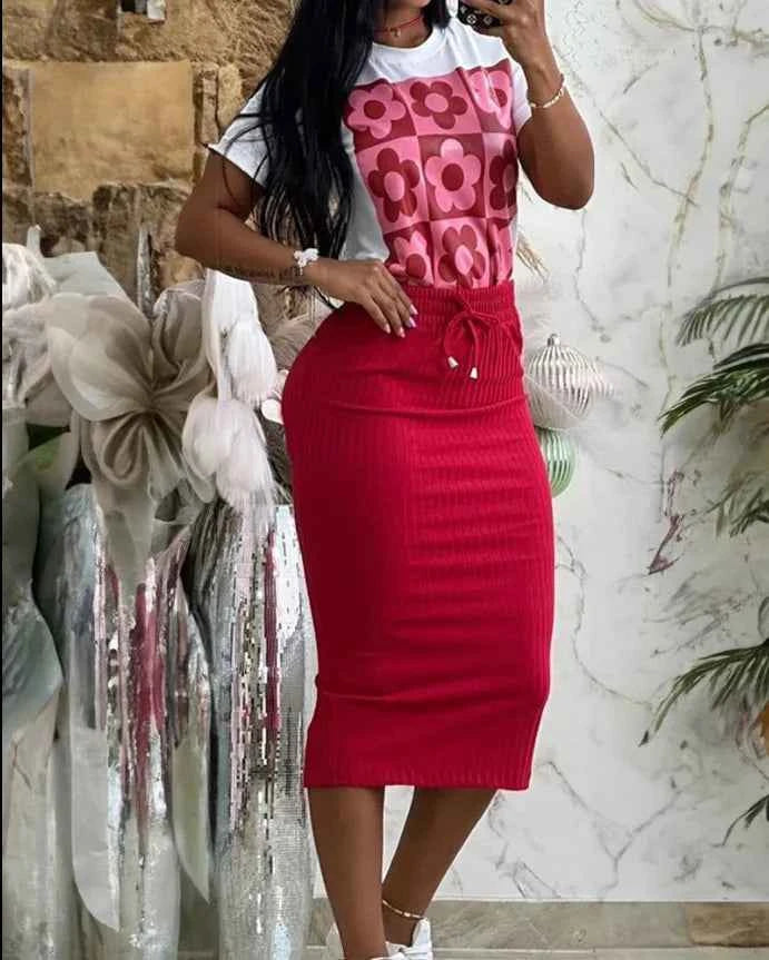 Printed Top & Midi Skirt Set (Women’s Casual Elegant 2-Piece Outfit)