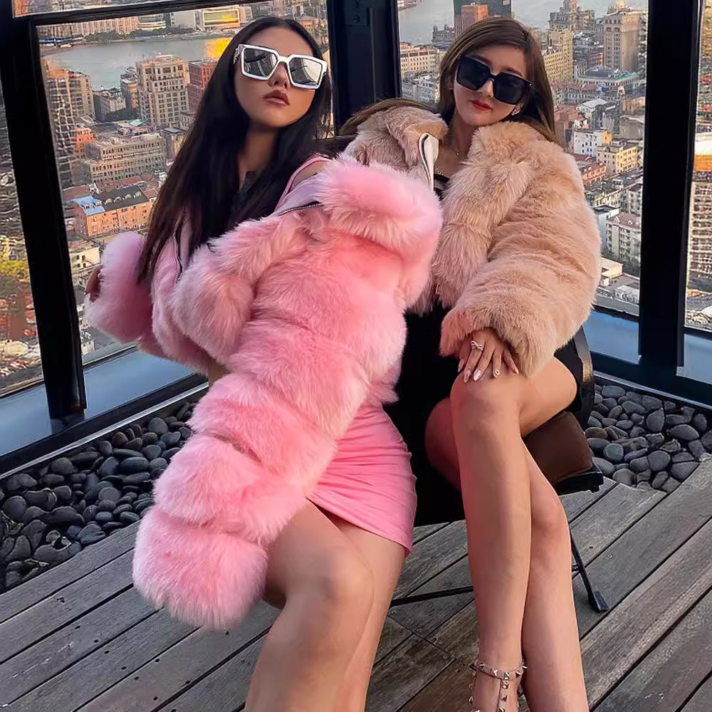 Women’s Elegant Hooded Faux Fur Coat – Short & Chic