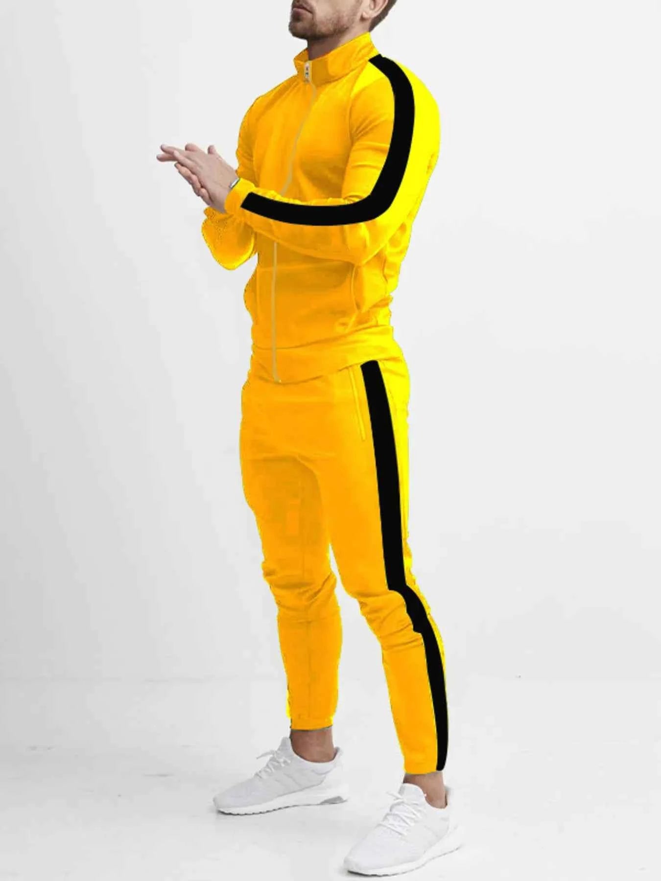 Men's Zip-Up Top and Pants Set with Side Stripes - Plus Size Full Size Activewear