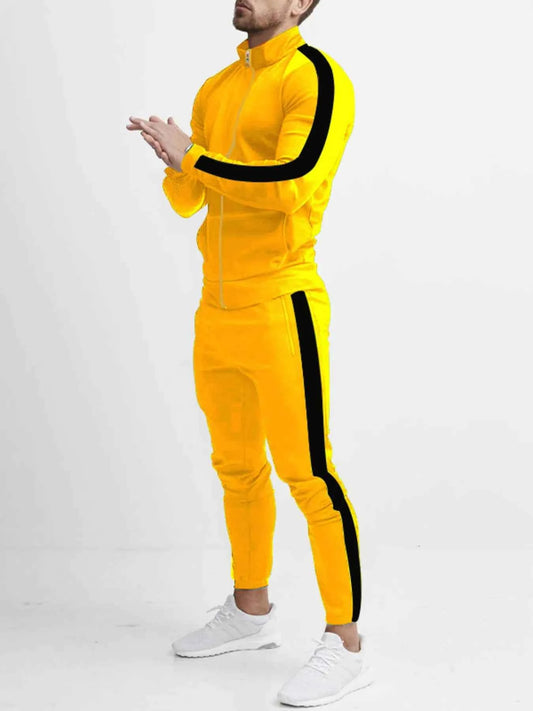 Men's Zip-Up Top and Pants Set with Side Stripes - Plus Size Full Size Activewear