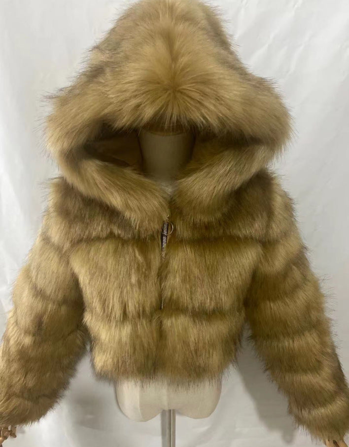 Women’s Elegant Hooded Faux Fur Coat – Short & Chic
