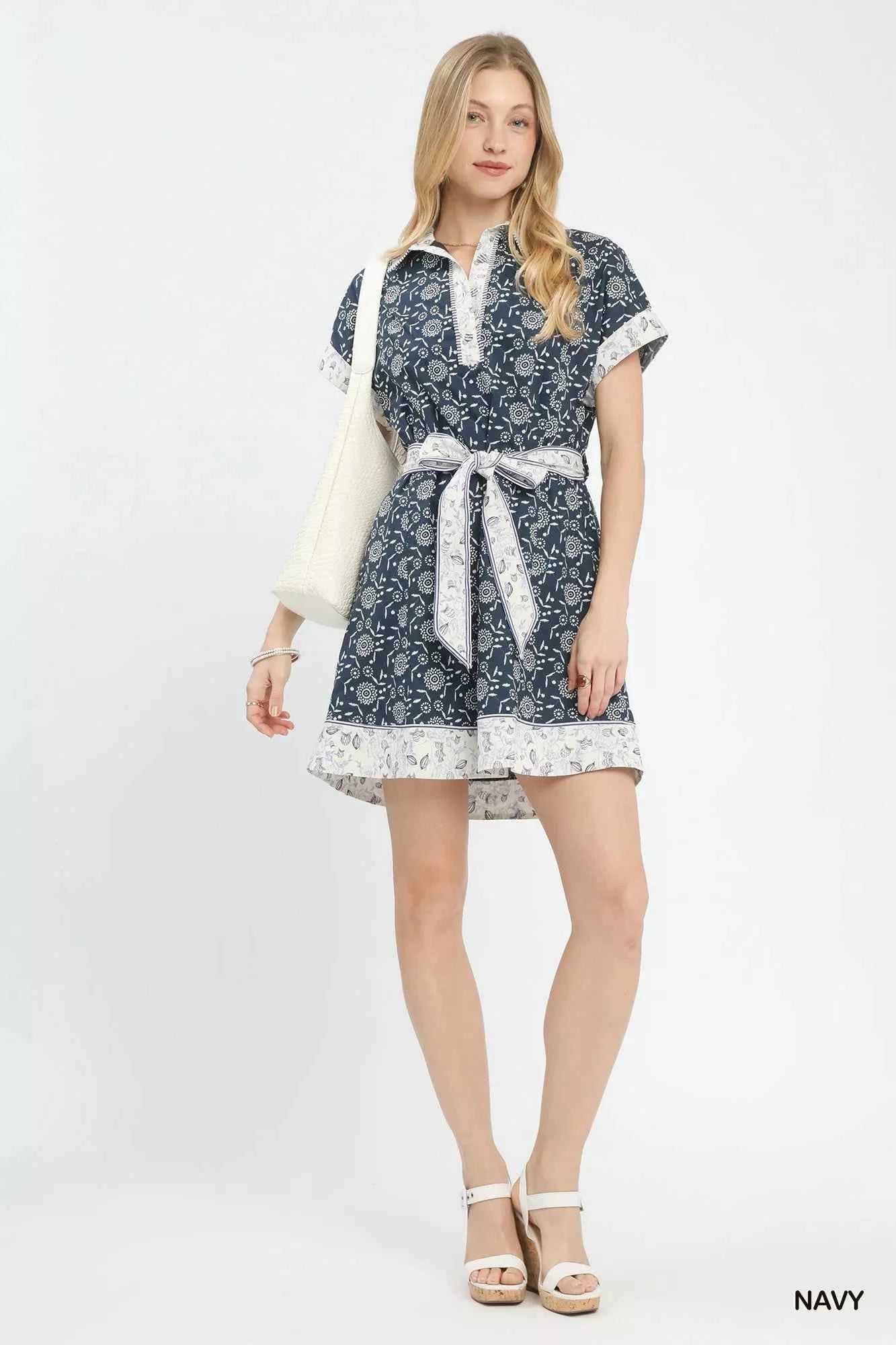 Umgee Border Print Belted Shirt Dress
