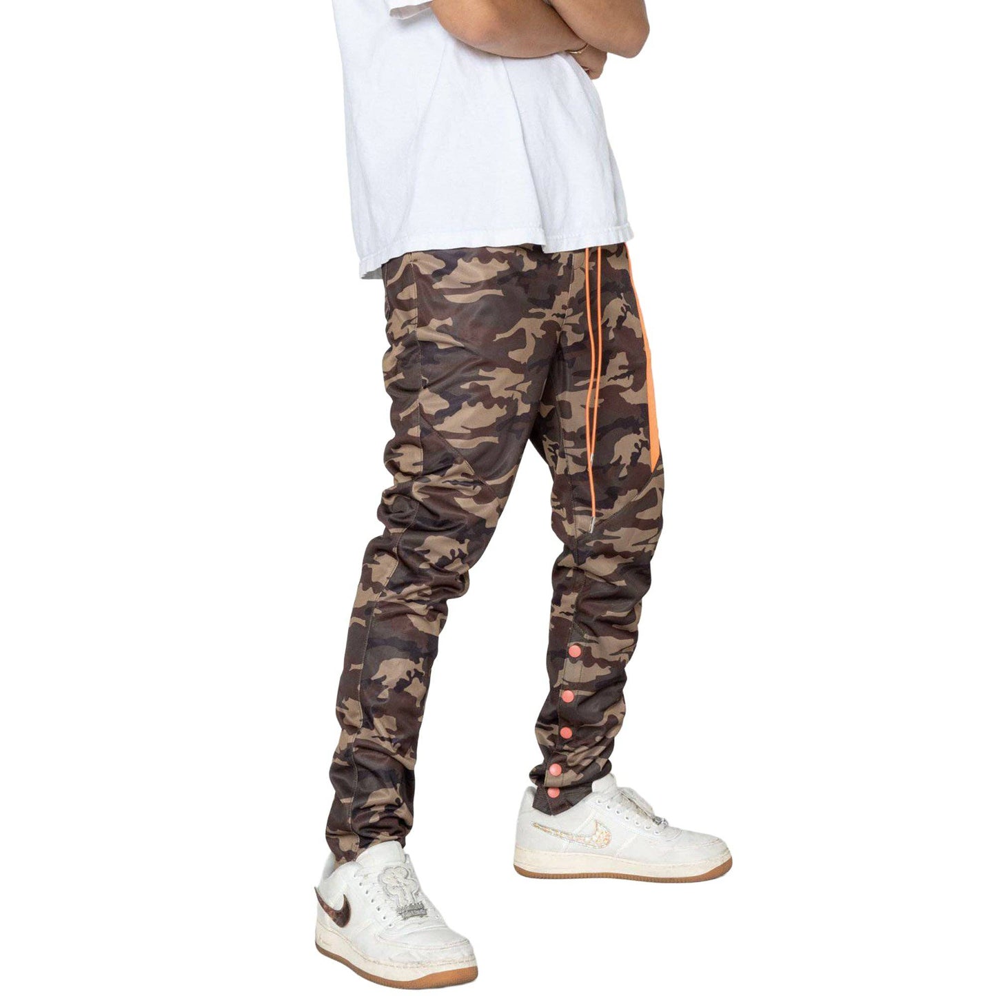 Robin K Men’s Snap Track Pants in Orange Camo