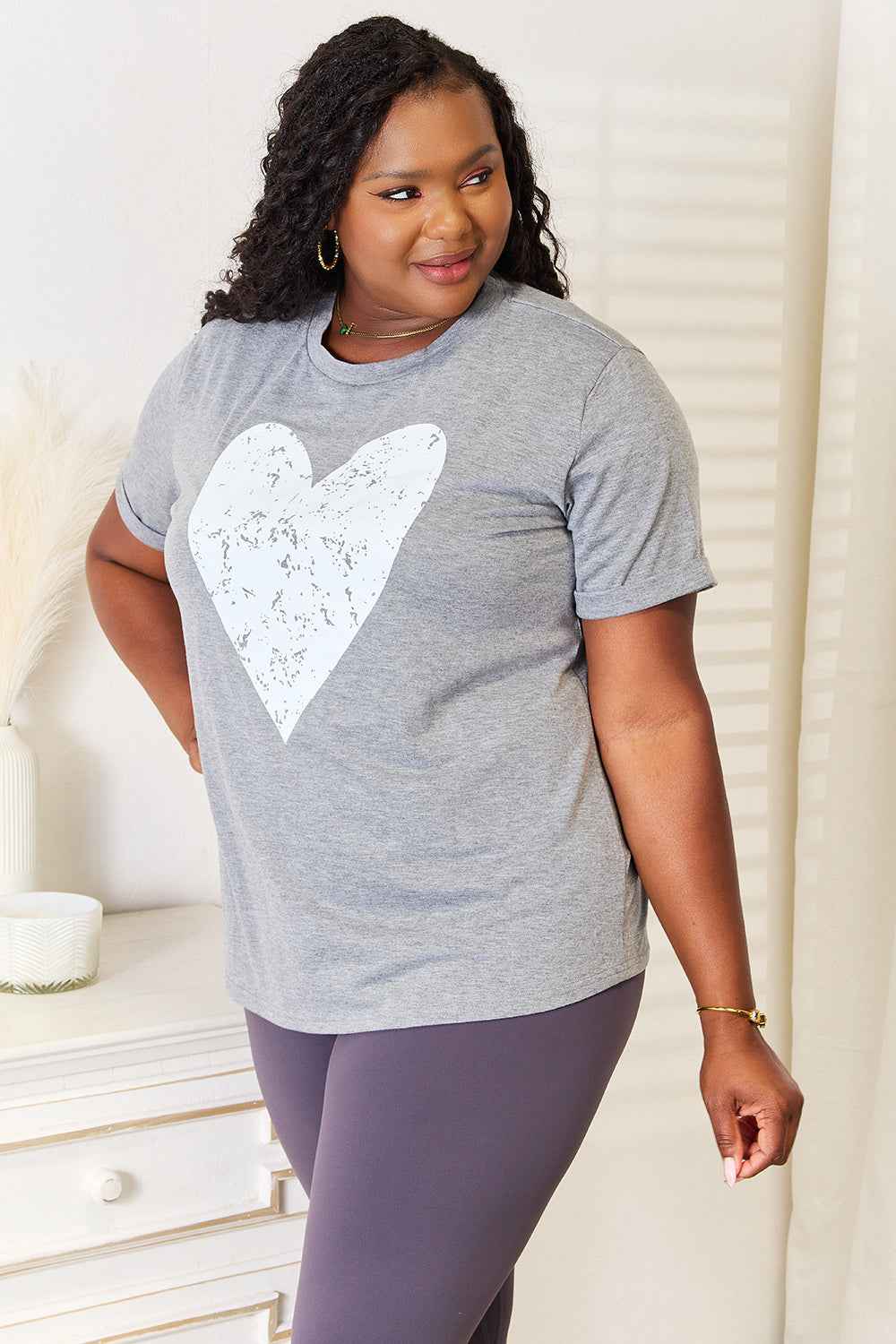 Simply Love Heart T-Shirt - Cuffed Short Sleeve Graphic Tee