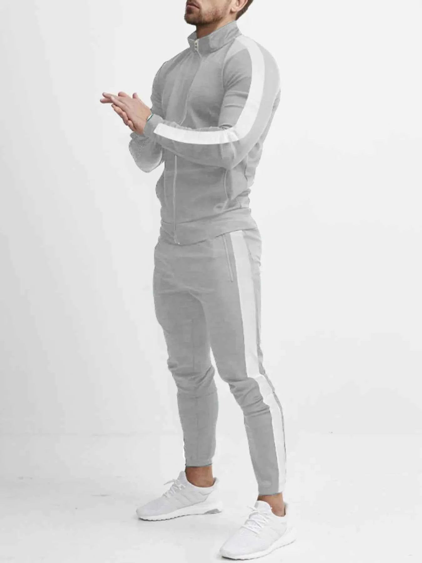 Men's Zip-Up Top and Pants Set with Side Stripes - Plus Size Full Size Activewear