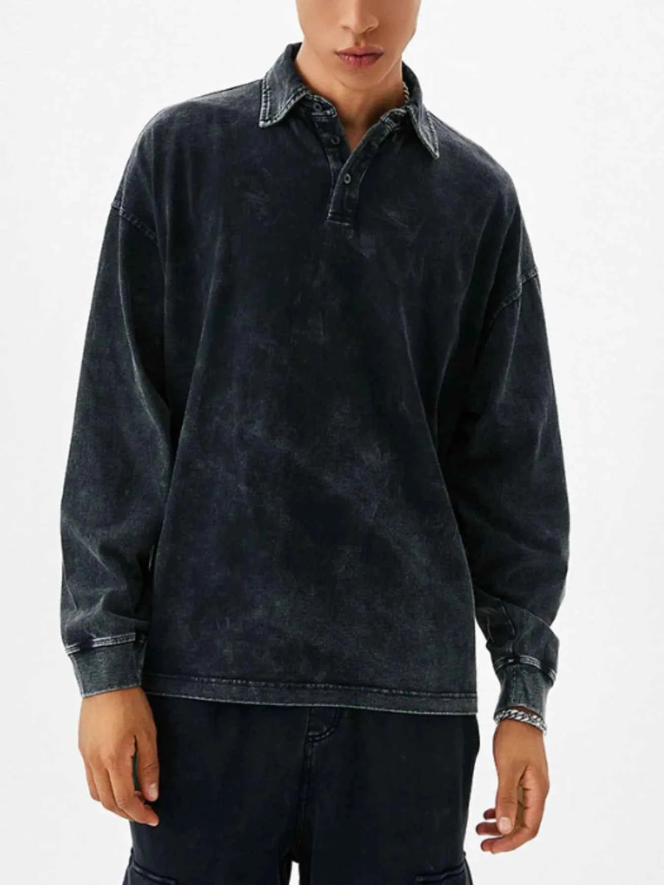 Men's Washed Long Sleeve Polo Shirt