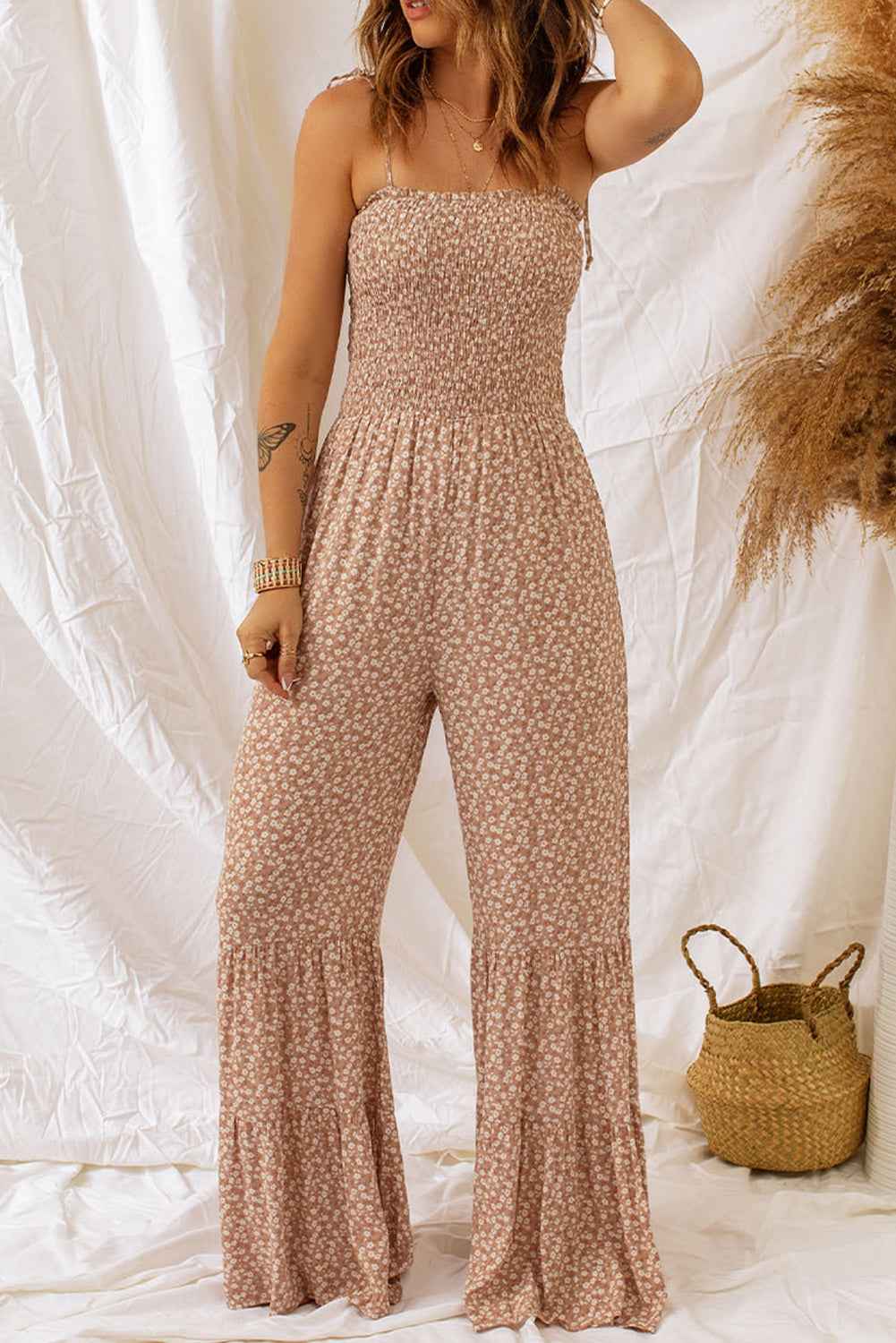 Floral Spaghetti Strap Jumpsuit with Smocked Design and Wide Legs