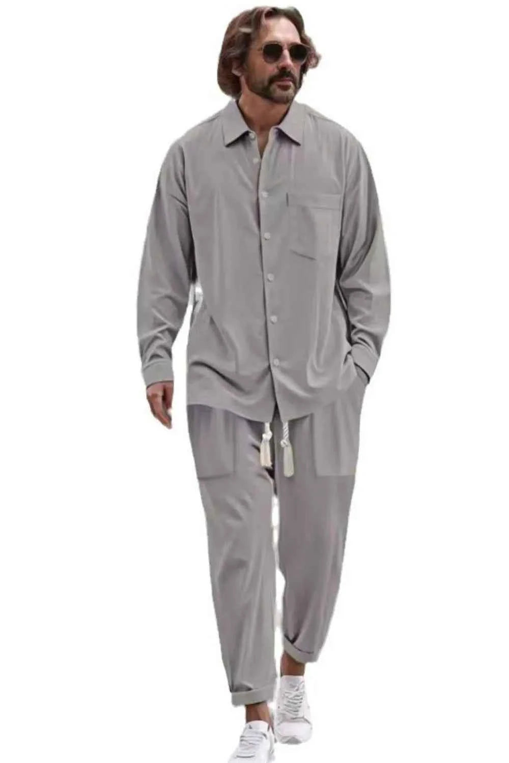 Men's Plus Size Loungewear Set - Long Sleeve Top and Pants with Collared Neck