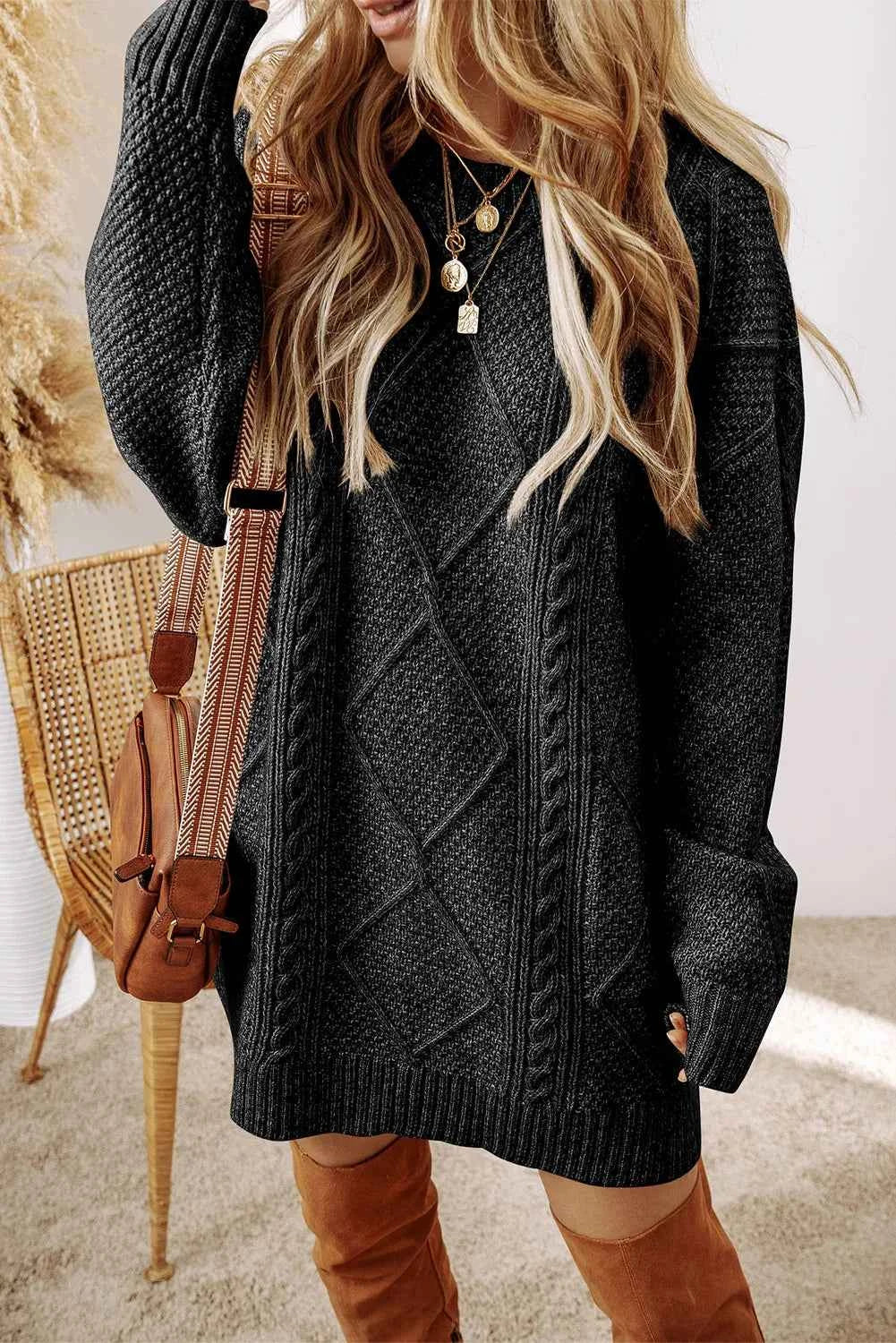 Cable-Knit Sweater Dress with Round Neck