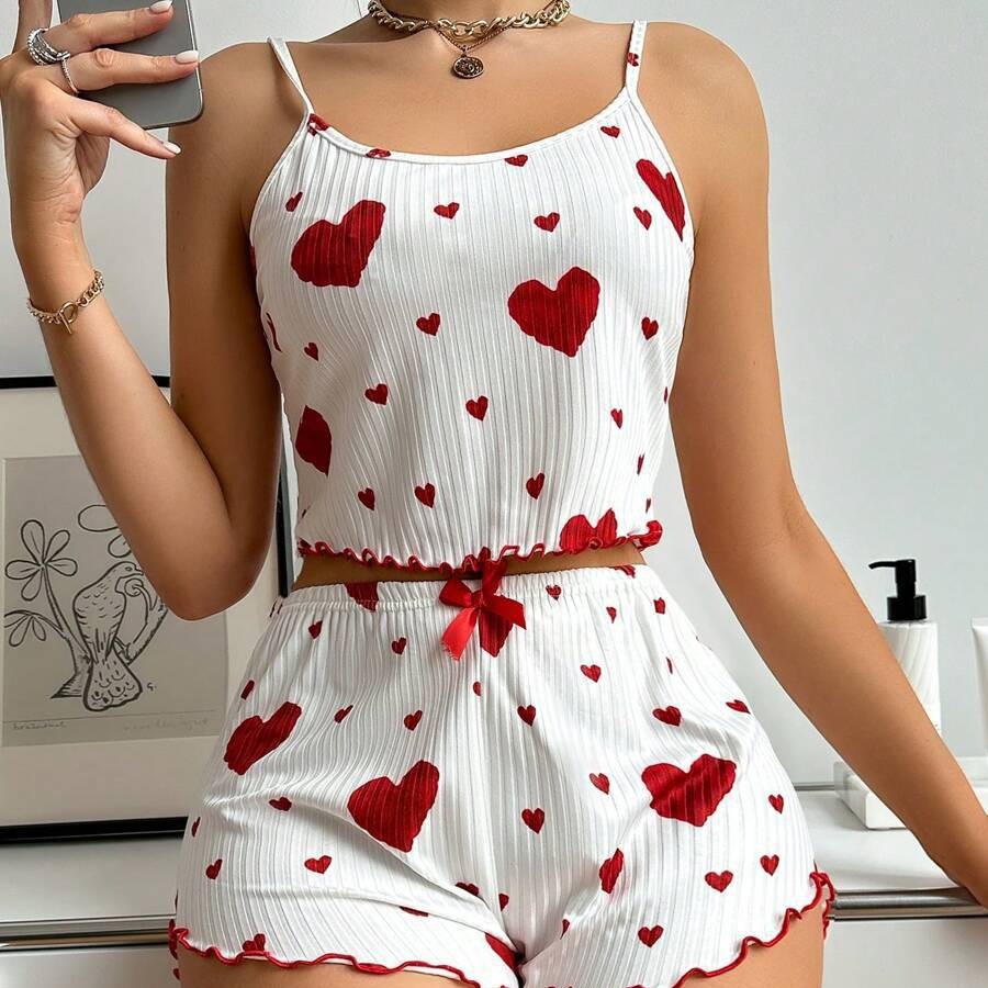 Heart Print Suspender Shorts Pajama Set – Ribbed Lounge & Sleepwear