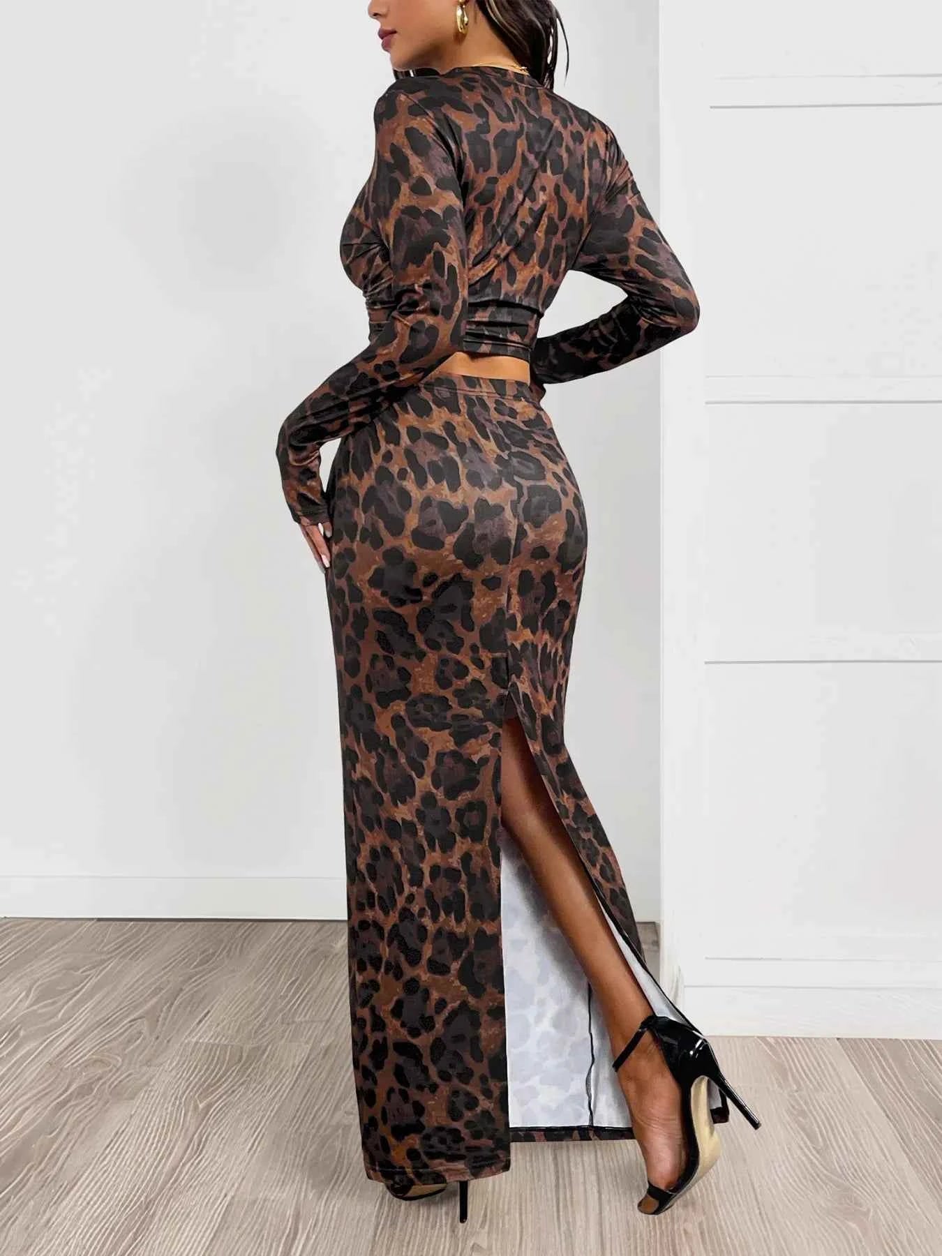 Leopard Round Neck Top and Skirt Set - Stylish Leopard Top and Skirt Set for Every Occasion