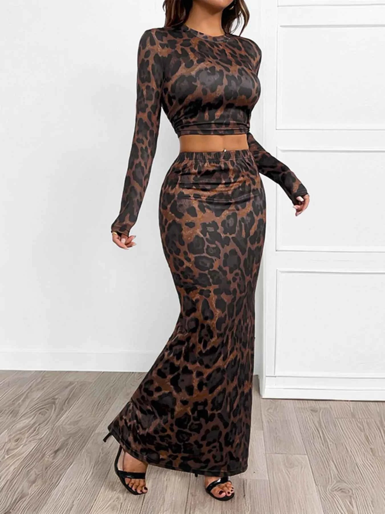 Leopard Round Neck Top and Skirt Set - Stylish Leopard Top and Skirt Set for Every Occasion