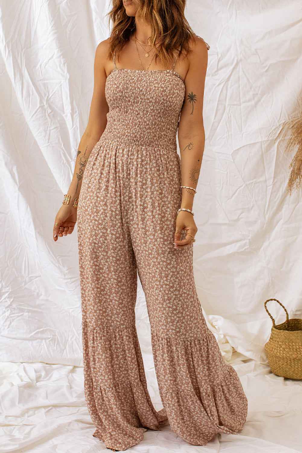 Floral Spaghetti Strap Jumpsuit with Smocked Design and Wide Legs