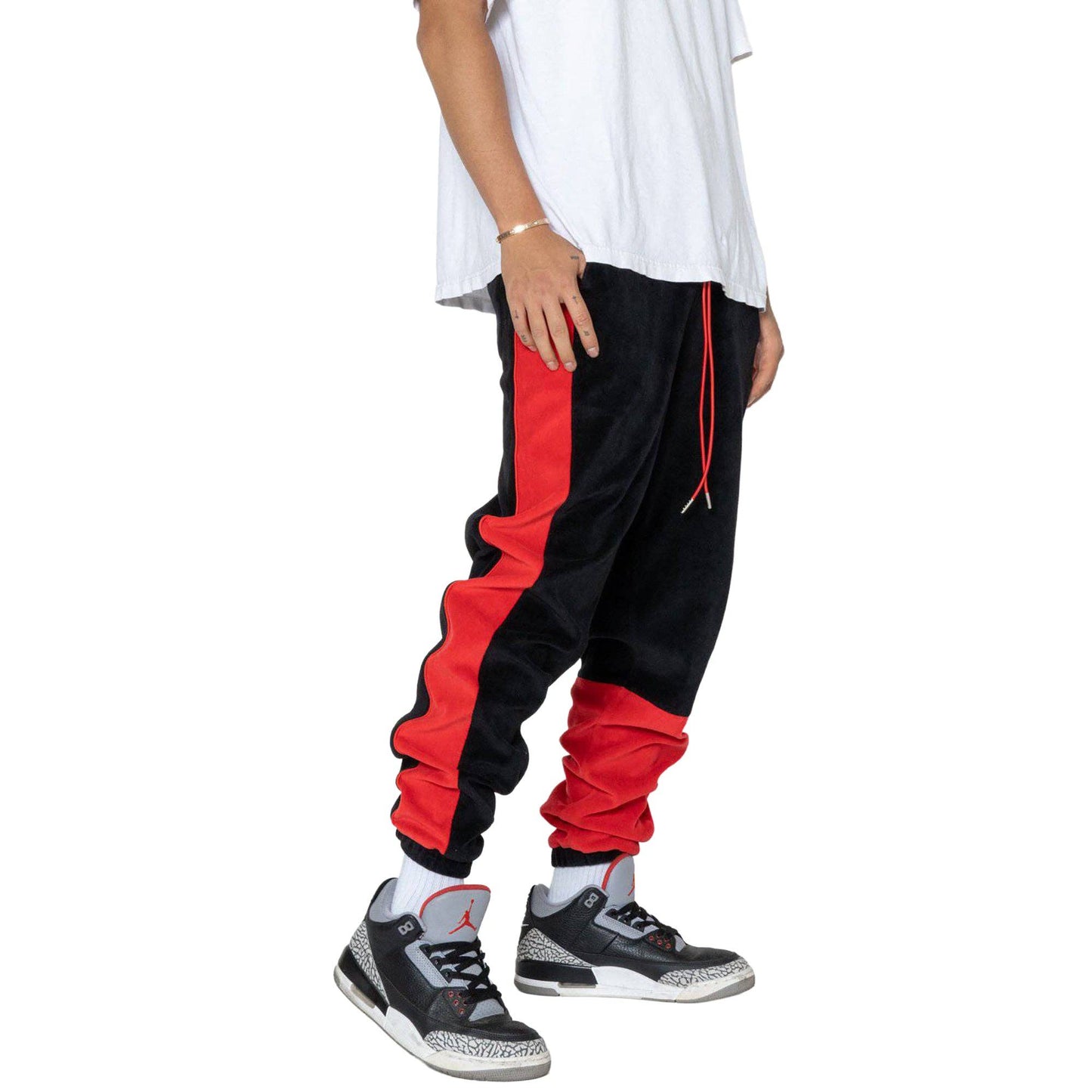 Robin K -Men’s Velour Team Pants – Black & Red