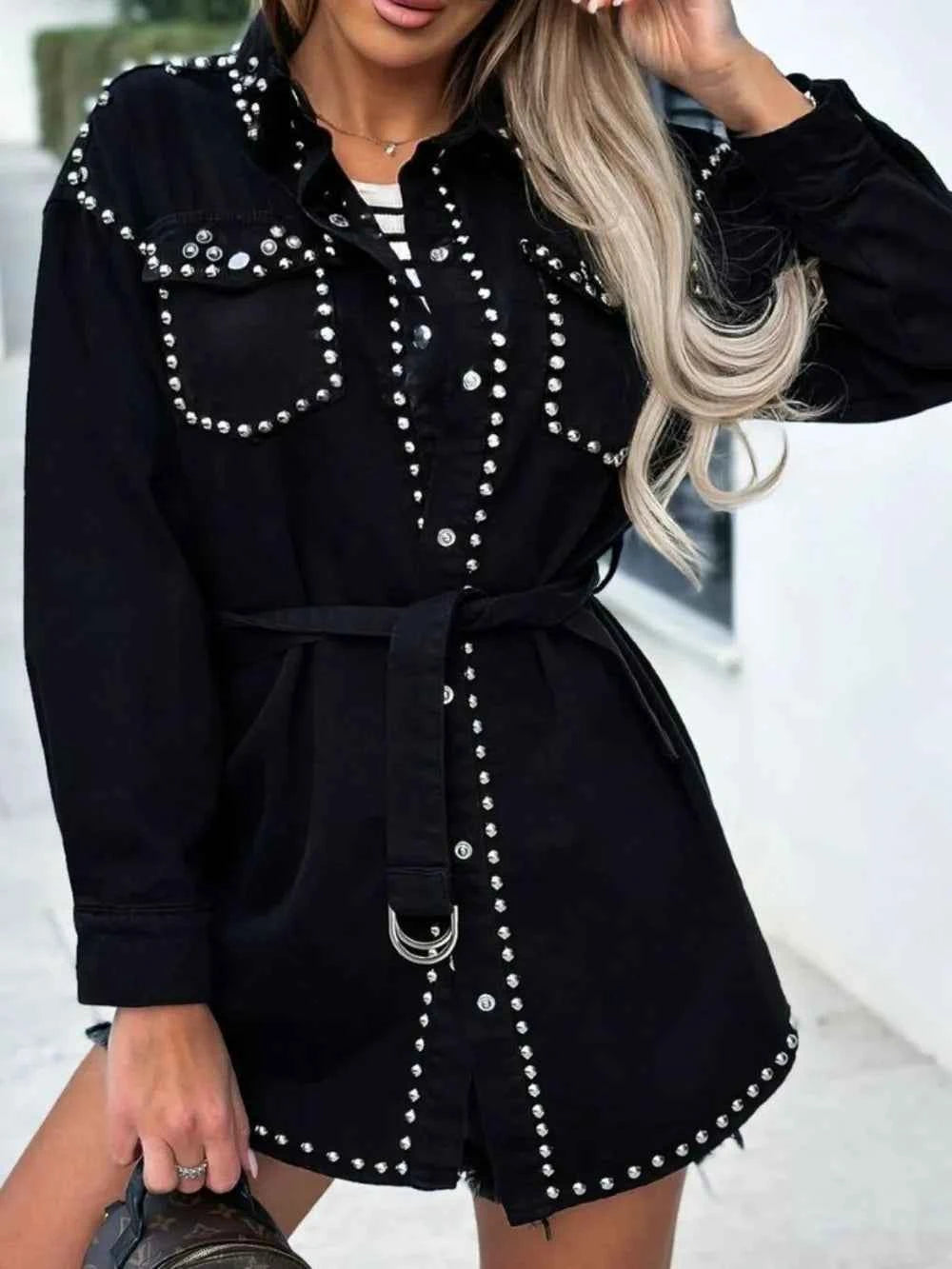 Studded Denim Shacket - Snap Down Long Sleeve Style