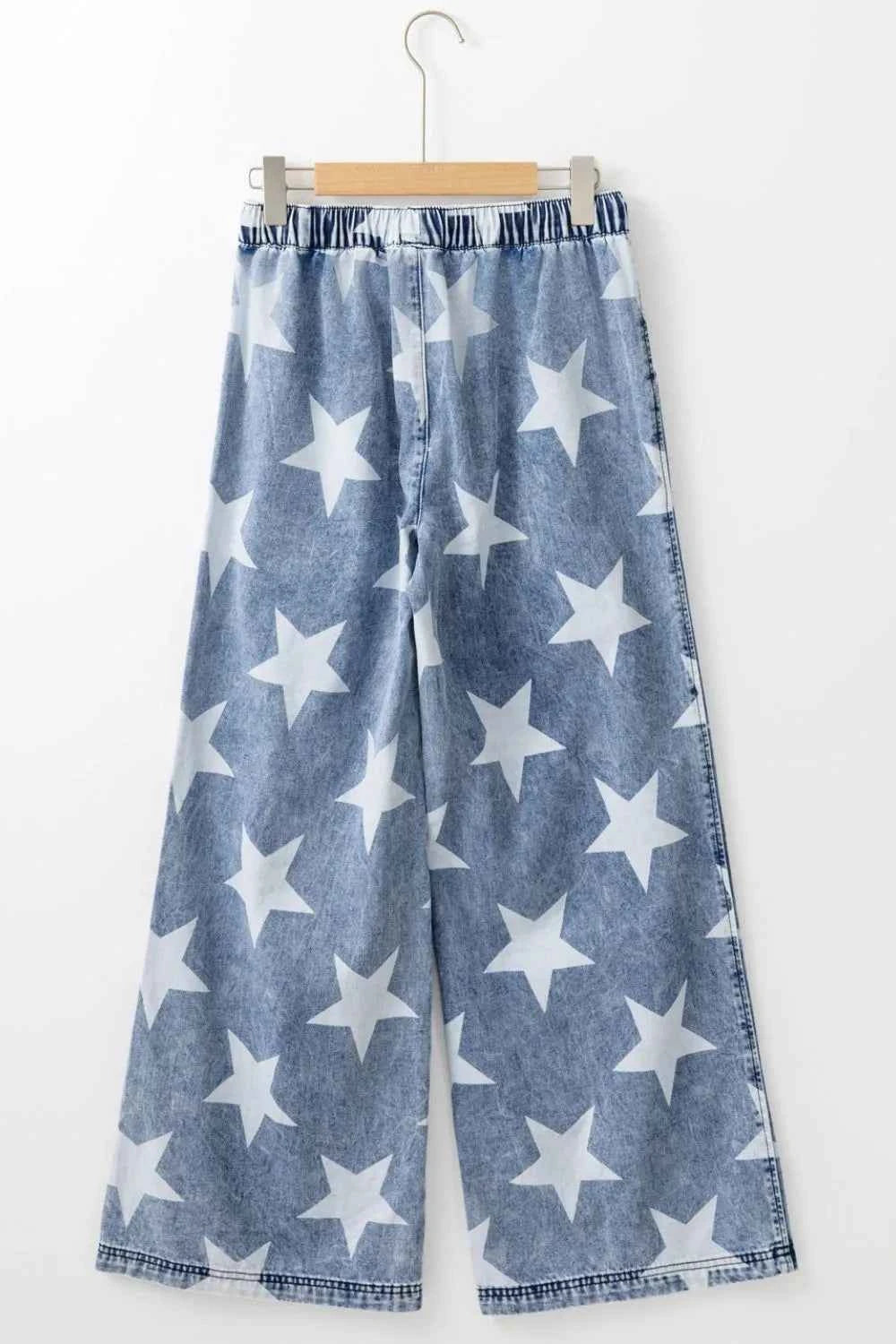 Star Print Wide Leg Jeans with Washed Finish and Drawstring High Waist - Trendy and Comfortable Style