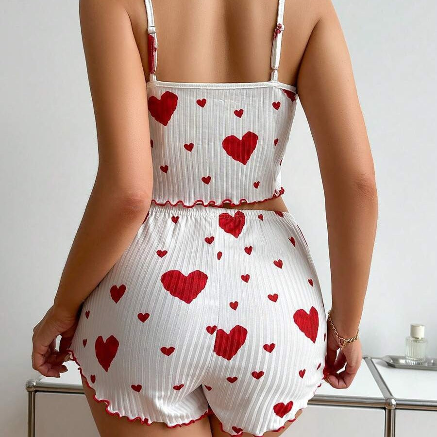 Heart Print Suspender Shorts Pajama Set – Ribbed Lounge & Sleepwear