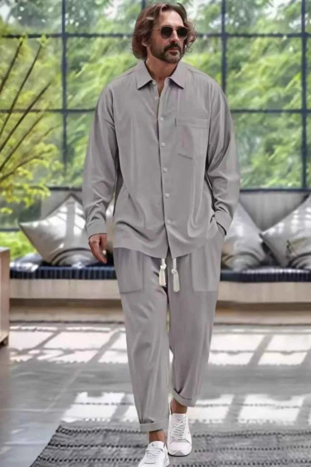 Men's Plus Size Loungewear Set - Long Sleeve Top and Pants with Collared Neck