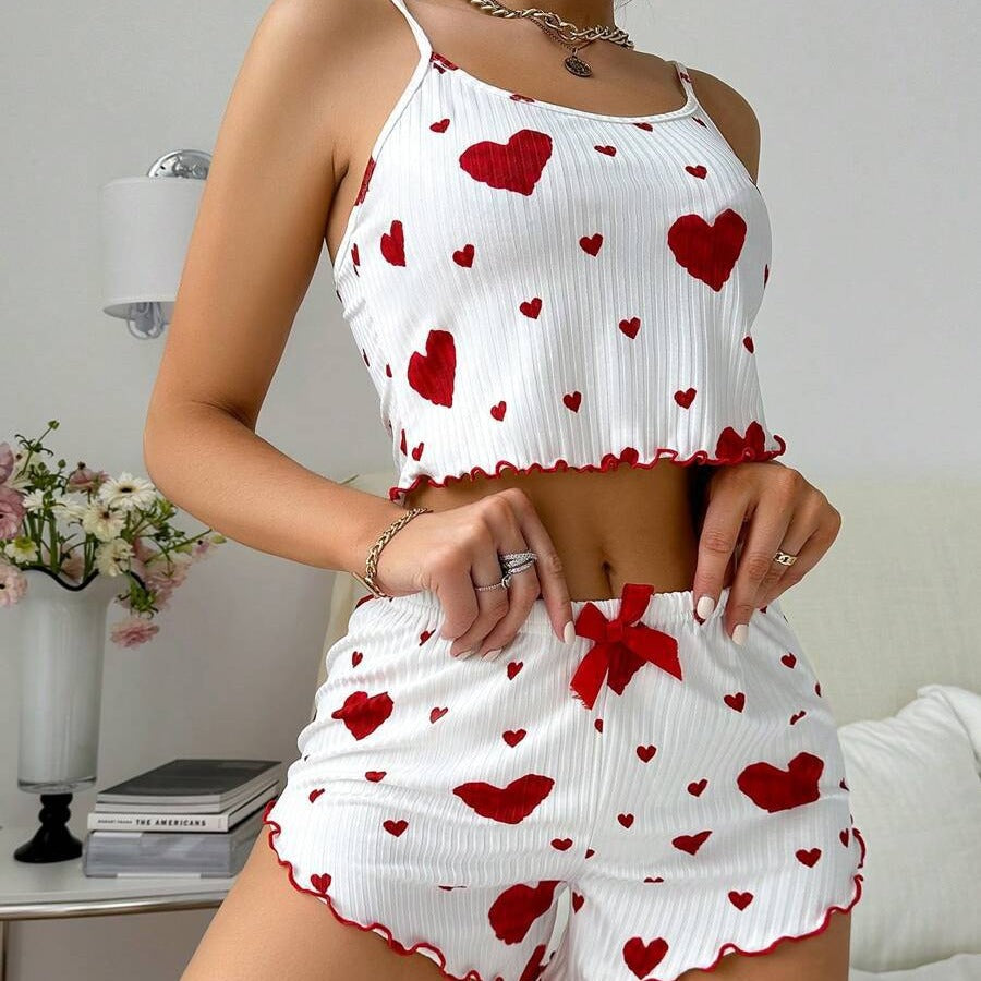 Heart Print Suspender Shorts Pajama Set – Ribbed Lounge & Sleepwear